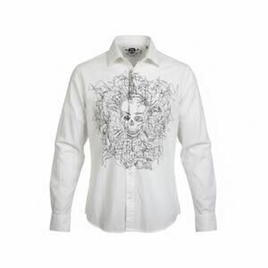 Cult Button Down Collared Skull Art Graphic Men's White Shirt Size XL